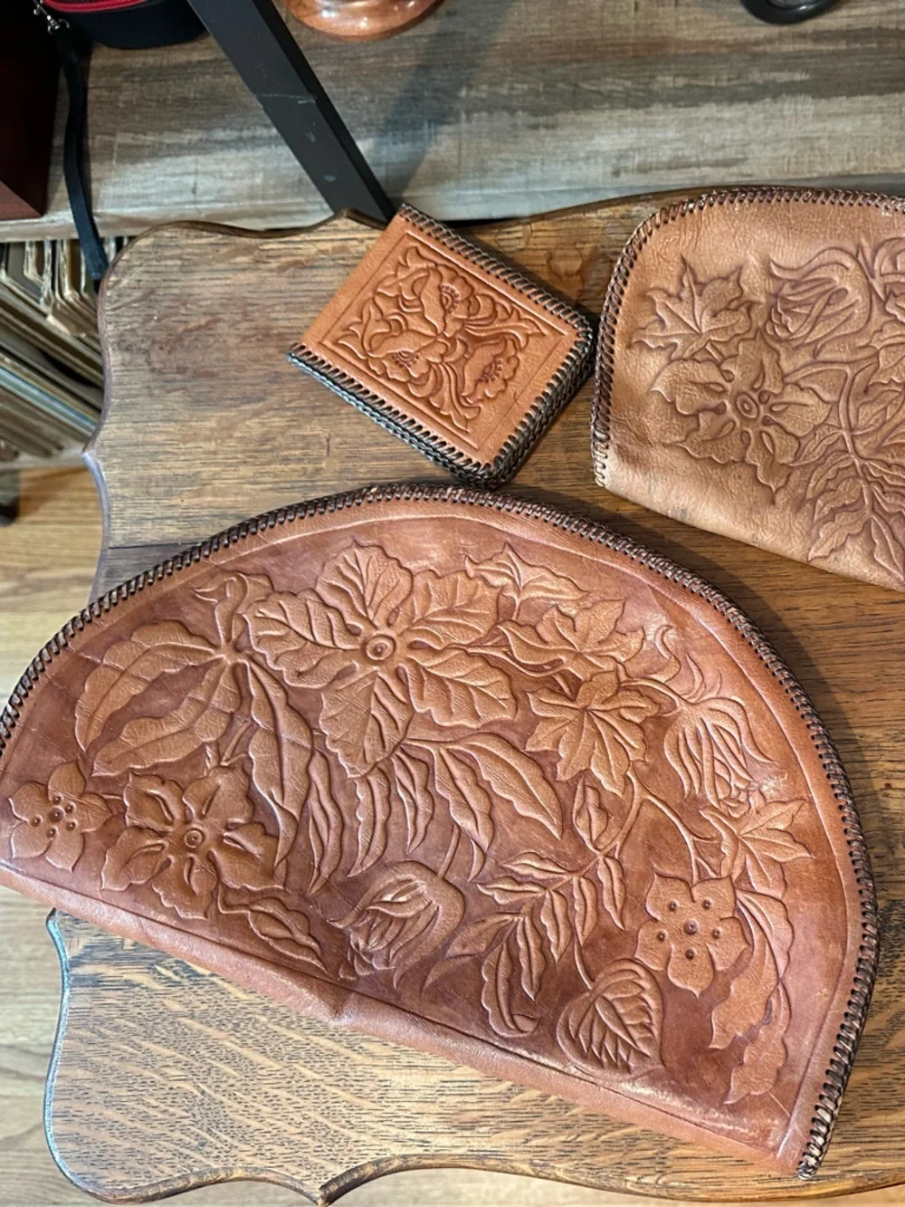 Hand-Tooled Floral Leather Clutch Wristlet - Brown